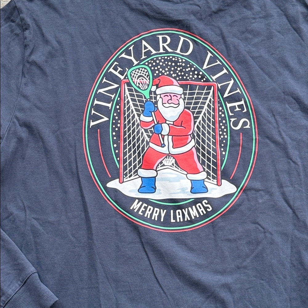 Vineyard Vines Navy Santa’s🥍 “Merry Laxmas” Long Sleeve Pocket Tee 💯Cotton-Med - Picture 7 of 8